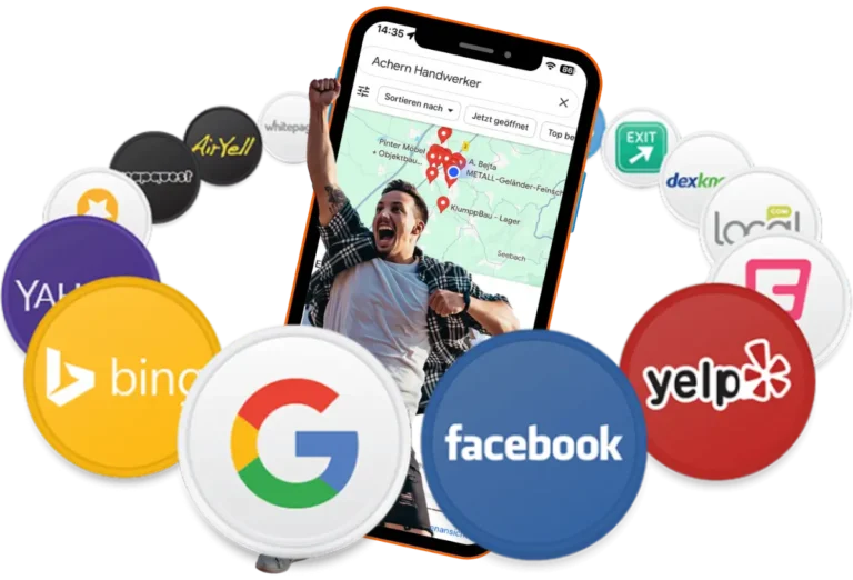 Erfolg durch Sichtbarkeit – glücklicher Kunde springt aus Smartphone mit Google Maps, umgeben von Branchenverzeichnis-Logos.