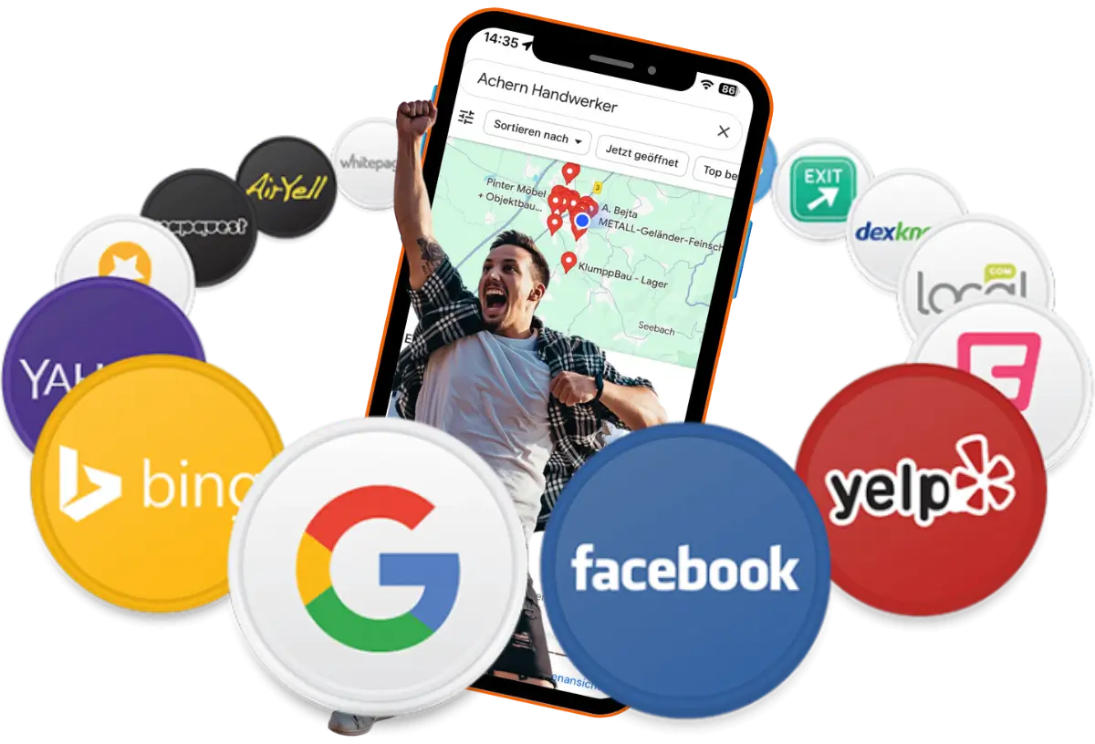 Erfolg durch Sichtbarkeit – glücklicher Kunde springt aus Smartphone mit Google Maps, umgeben von Branchenverzeichnis-Logos.
